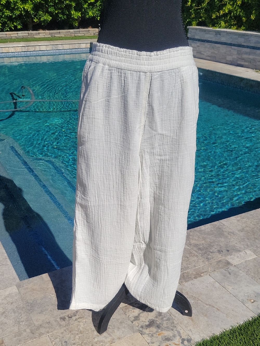 Lands' End Creamy White 100% Cotton High Rise Wide Leg Pants M